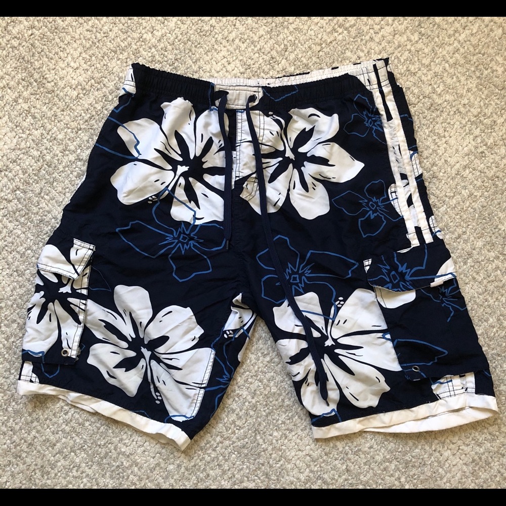Blue White Hawaiian Hibiscus Board Shorts Swim Trunks Medium - Picture 1 of 12